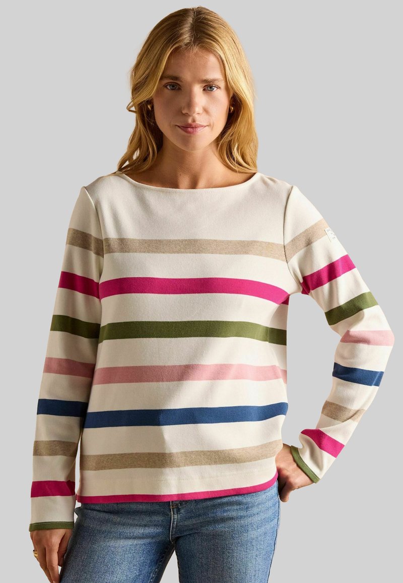 Ilgiem piedurknēm izstrādāta svītraina krekls ar horizontālām svītrām rozā, zaļā, zilā un bežā uz baltas fona, ar plašu kakla izgriezumu un mīkstu tekstūru.