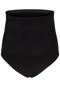 Högmidjade, svarta underkläder med ribbstruktur, slät midjeband och sömlöst design, som erbjuder full täckning och en smidig silhuett.
