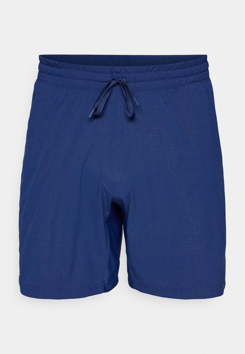 Bañador azul con cintura elástica y cierre de cordón. Presenta un patrón de tela texturizada y un corte de longitud media.