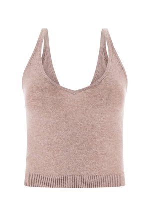 Hellbraunes, verkürztes Tanktop mit V-Ausschnitt, aus weichem Strickstoff, mit breiten Trägern und geripptem Saum.