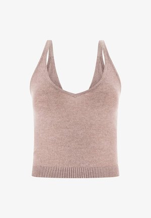 Lysebrun cropped tank top med V-udskæring, lavet af blødt strikstof, med brede skulderstropper og ribbet kant.