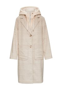 Manteau beige à carreaux avec capuche crème amovible, deux poches avant et boutons, présentant une texture de tissu douce et un col.