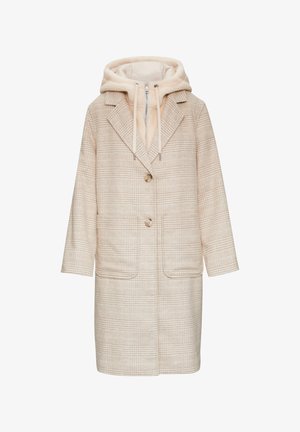 Beżowy płaszcz w kratę z odpinanym kremowym kapturem, dwiema przednimi kieszeniami i guzikami, charakteryzujący się miękką teksturą materiału i kołnierzem.