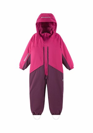 Różowy i ciemnofioletowy wodoodporny kombinezon z kapturem, z elastycznymi mankietami i odblaskowymi akcentami na rękawach i przedniej części. Trwały materiał.