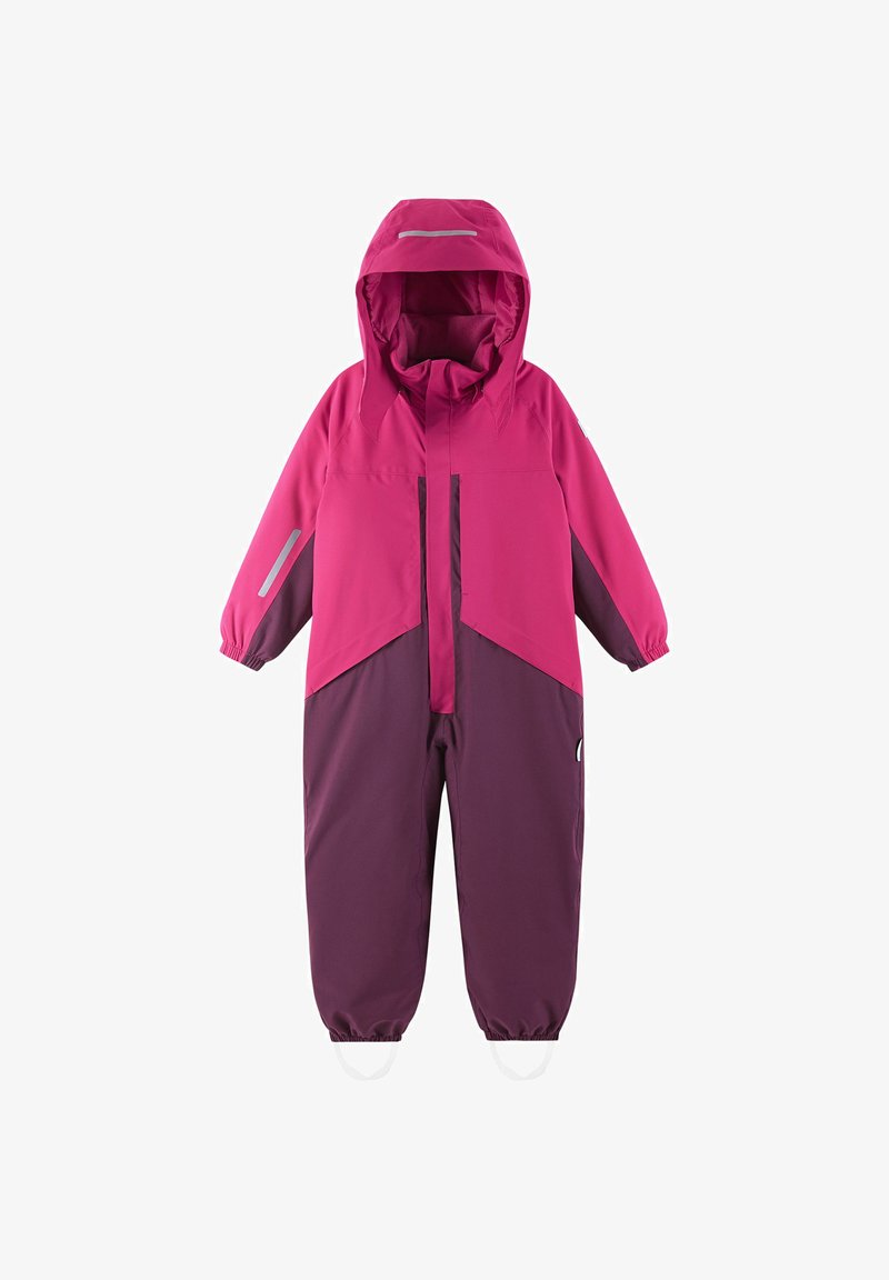 Pink and dark purple waterproof overall with a hood, featuring elastic cuffs and reflective accents on sleeves and front. Durable fabric material.