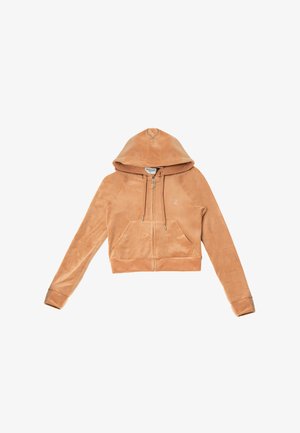 Felpa con cappuccio tagliata in morbido tessuto pesca. Presenta una chiusura lampo frontale, tasche a marsupio e un logo tono su tono sul lato sinistro del petto.