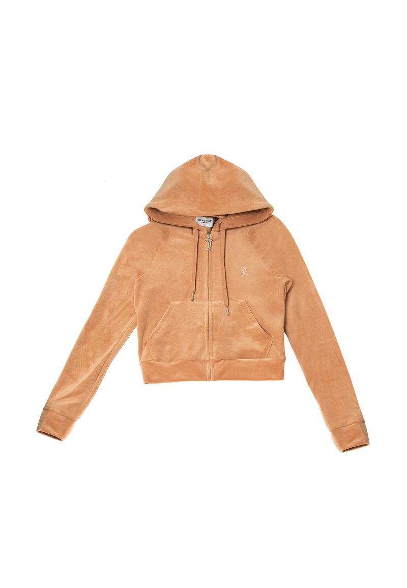 Felpa con cappuccio tagliata in morbido tessuto pesca. Presenta una chiusura lampo frontale, tasche a marsupio e un logo tono su tono sul lato sinistro del petto.