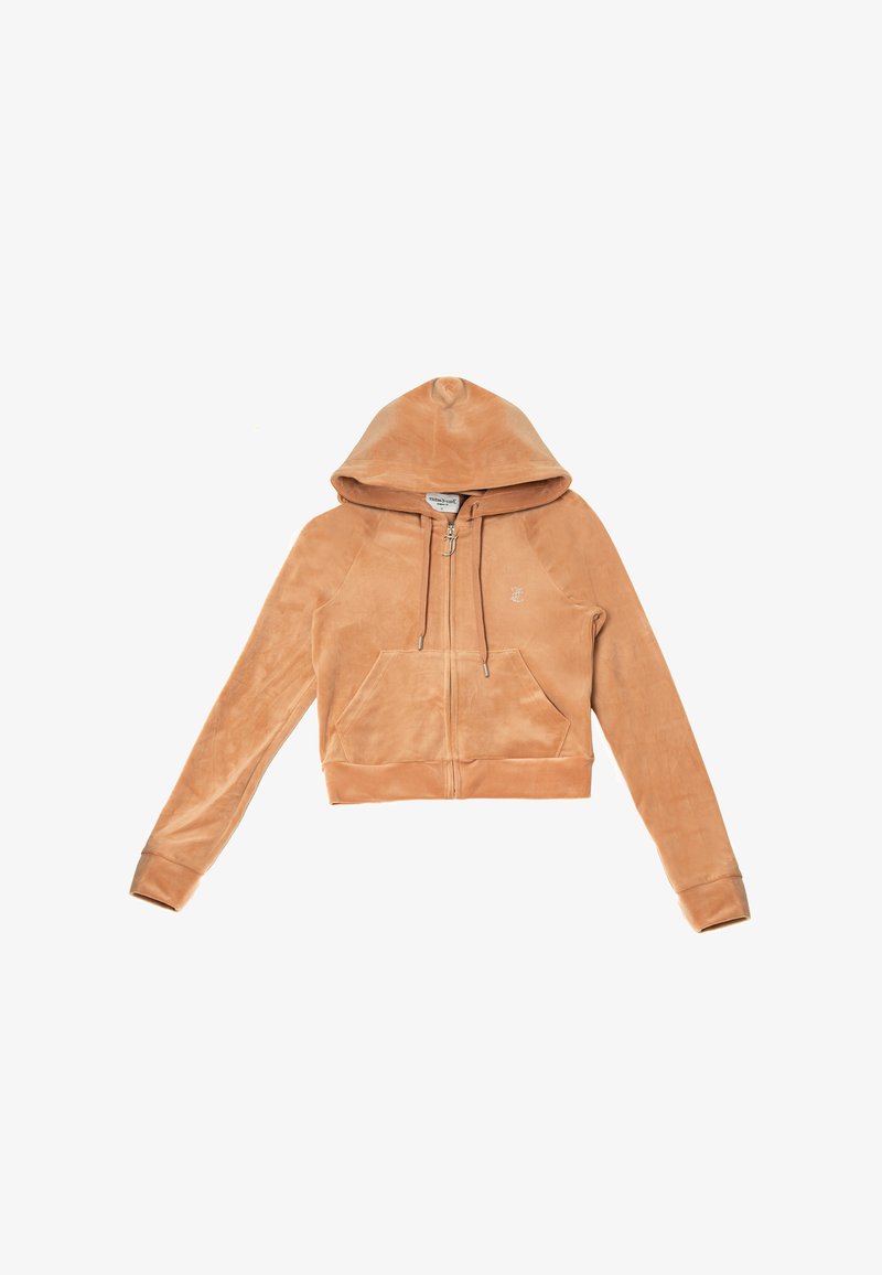 Felpa con cappuccio tagliata in morbido tessuto pesca. Presenta una chiusura lampo frontale, tasche a marsupio e un logo tono su tono sul lato sinistro del petto.