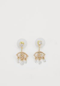 Gulløretter med øye-design, prydet med perle-detaljer og hengende klare rhinestones. Klare bakker og sirkulære frontskiver inkludert.