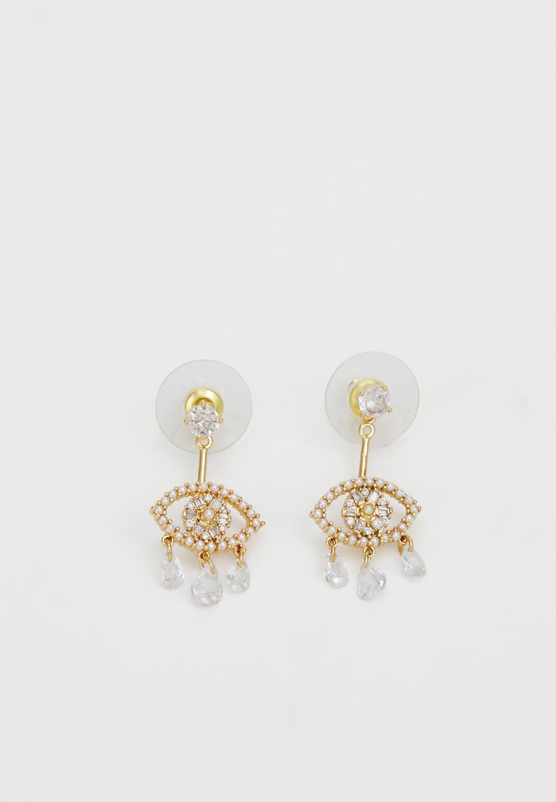 Gulløretter med øye-design, prydet med perle-detaljer og hengende klare rhinestones. Klare bakker og sirkulære frontskiver inkludert.