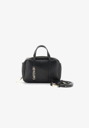 Bolso de mano compacto de cuero negro con doble asa, cremallera dorada, correa de hombro desmontable y logotipo dorado "CAFENOIR" en la parte frontal.