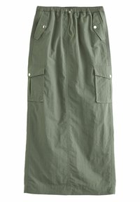 Olivgrüner Rock mit elastischem Bund, Kordelzug und zwei Cargo-Taschen. Hergestellt aus leichtem Stoff mit glatter Textur.