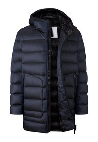 Navy blue quilted puffer jacket with hood, zip and snap button closure, and zippered side pockets, partially open front view.
