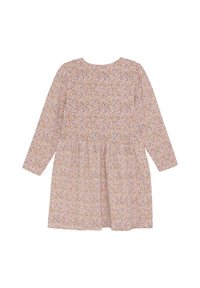 Langärmliges Kleid aus hellpinkem Stoff mit einem floralen Muster, das kleine Blumen in Lila, Gelb und Grün zeigt. Ausgestellte Silhouette, runder Ausschnitt.