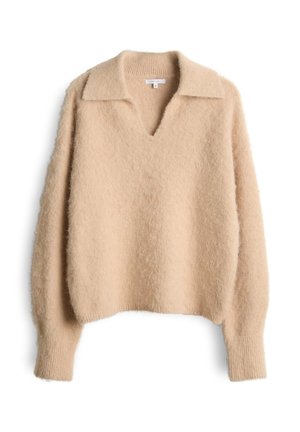 Maglione beige chiaro realizzato in materiale morbido e soffice. Presenta un collo a V, un colletto piatto e maniche leggermente oversize. Superficie strutturata.