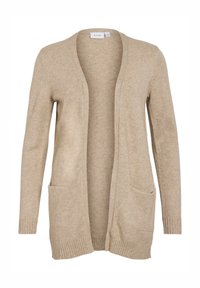 Beige cardigan with long sleeves, open front design, two front pockets, ribbed cuffs and hem, made of soft knitted material.