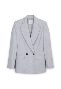 Blazer gris clair en tissu texturé, avec un col à revers, deux poches avant et une fermeture à double bouton noir.
