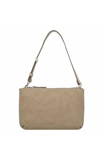 Bolsa de hombro sintética beige con una textura suave, cierre de cremallera y una correa delgada y ajustable. Presenta un logotipo sutil en la parte frontal.