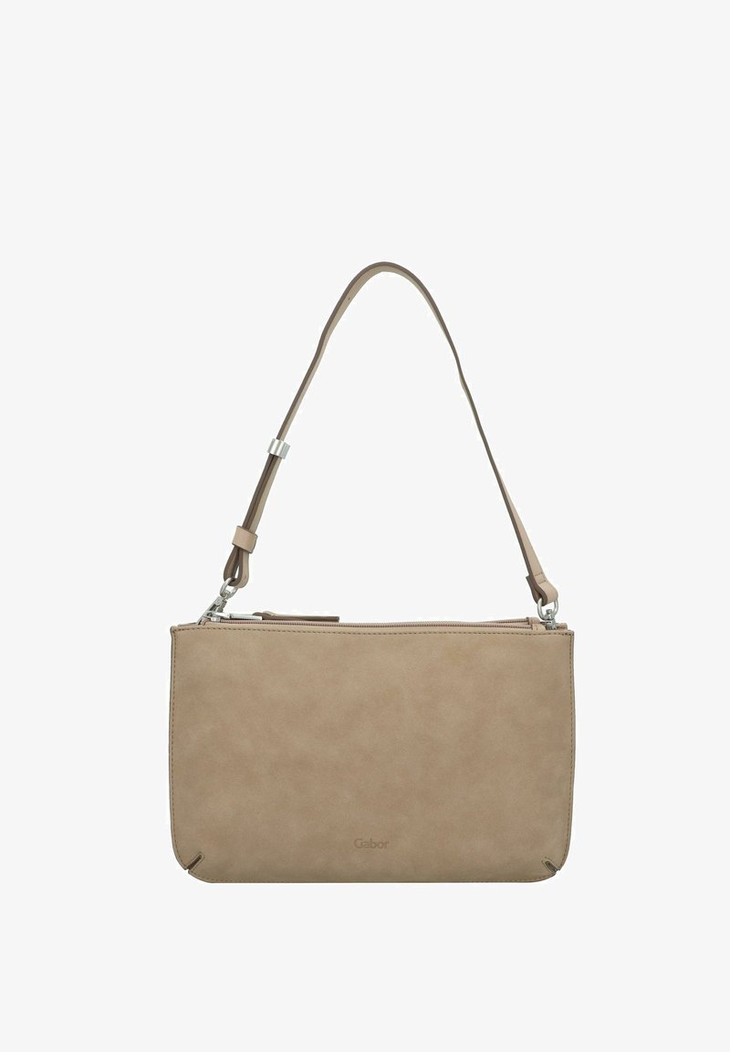 Bolsa de hombro sintética beige con una textura suave, cierre de cremallera y una correa delgada y ajustable. Presenta un logotipo sutil en la parte frontal.