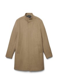 Cappotto in misto lana marrone con colletto alto, maniche lunghe, due tasche frontali e design a taglio dritto. Texture morbida con dettagli minimalisti.