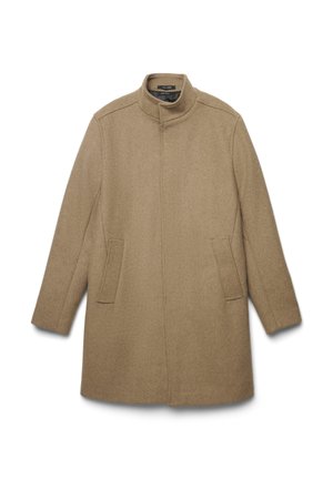 Brauner Wollmischmantel mit hohem Kragen, langen Ärmeln, zwei Vordertaschen und geradem Schnitt. Weicher Textur mit minimalistischen Details.