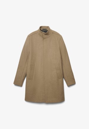 Brauner Wollmischmantel mit hohem Kragen, langen Ärmeln, zwei Vordertaschen und geradem Schnitt. Weicher Textur mit minimalistischen Details.