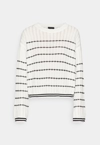 Biały sweter z dzianiny z czarnymi poziomymi paskami, o prążkowanej strukturze, okrągłym dekolcie i długich rękawach. Posiada kontrastowe wykończenie na dole i mankietach.
