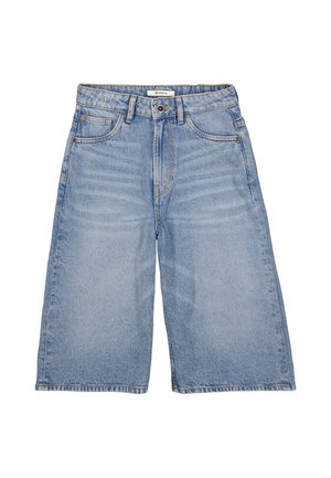 Light blue denim knee-length shorts with front button, zipper, and five-pocket design laid flat on a white background.