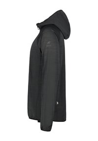 Giacca leggera nera con cappuccio, caratterizzata da una finitura testurizzata, chiusura con zip frontale e polsini elasticizzati. Ideale per attività all'aperto.