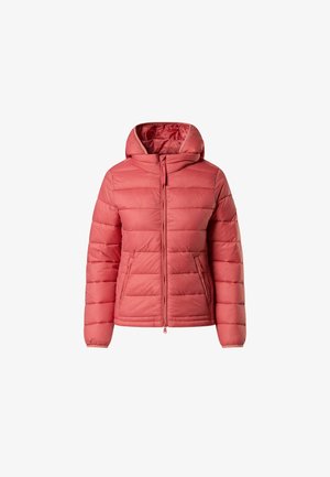 Chaqueta acolchada ligera con capucha en color coral, con diseño acolchado, cremallera frontal y dos bolsillos laterales. Textura suave y costuras mínimas.