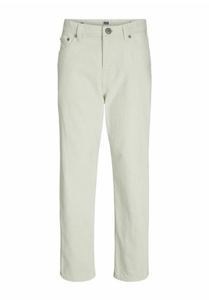 Off-white bomulds casual bukser med frontknap, lynlås, bæltestropper og sidelommer, lige ben.