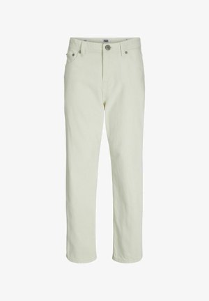 Pantalon casual en coton écru avec bouton devant, fermeture éclair, passants de ceinture et poches latérales, coupe droite.