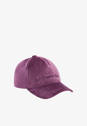 Cappellino da baseball in suede viola con logo ricamato "EA7 Emporio Armani" sul pannello frontale e visiera curva.
