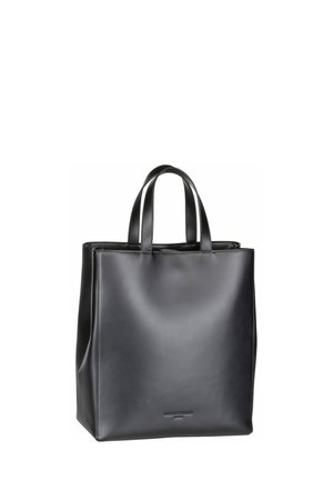Black leather tote bag with a structured shape, two top handles, and minimalistic design. Smooth texture with subtle branding at the base.