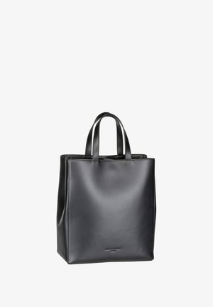 Black leather tote bag with a structured shape, two top handles, and minimalistic design. Smooth texture with subtle branding at the base.
