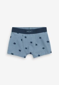 Blå bomullsboxershorts med mjuk textur, prydda med ett marinblått stjärnmönster och ett marinblått midjeband märkt "NEXT."