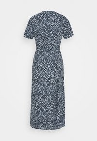 Schwarzes Midikleid mit kurzen Ärmeln und kleinen weißen Blumenmustern, mit gerafftem Taillendetail, von hinten gezeigt.