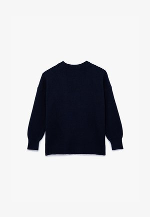 Marineblauwe geribbelde trui, lange mouwen, ronde halslijn, textuurstof, zijsplitten aan de zoom, ontspannen pasvorm, achterkant bekeken.