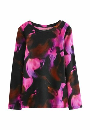Maglietta a maniche lunghe in tessuto ribattuto con una base nera e un vivace motivo astratto rosa e marrone. Collo rotondo.