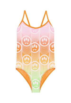 Costume da bagno realizzato in un tessuto colorato e liscio con bordi arancioni. Presenta facce di cartoni animati con zanne in tinte sfumate di rosa, arancione e verde.