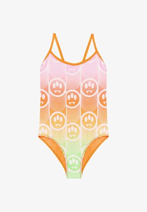 Costume da bagno realizzato in un tessuto colorato e liscio con bordi arancioni. Presenta facce di cartoni animati con zanne in tinte sfumate di rosa, arancione e verde.