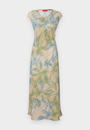 Floral maxi dress in light beige, featuring green and blue palm leaf patterns, cap sleeves, and a relaxed fit. Smooth fabric with drape.