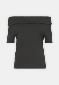 Svart av- skulder topp laget av glatt stoff. Korte ermer, figursydd design, og en bred, brettet halslinning med en ren hemkant.