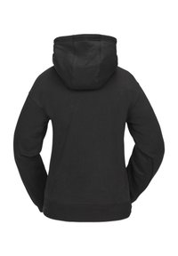 Sort hættejakke med kengurulomme og justerbar hætte. Stoffet ser blødt ud, med ribbede mansjetter og kant, og har et enkelt design.