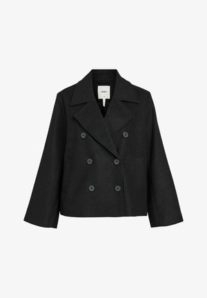 Czarny dwurzędowy żakiet wykonany z mieszanki wełny, z szerokimi klapami, dwiema bocznymi kieszeniami i sześcioma pasującymi czarnymi guzikami z przodu.