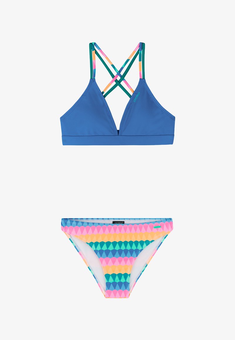Blue triangle bikini top with multi-color crisscross straps and matching striped bikini bottoms in pink, yellow, green, and blue geometric pattern.