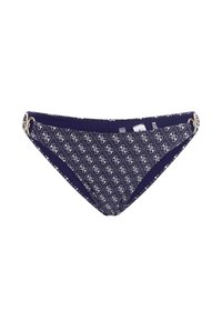 Navy bikini bottom with white logo pattern, features gold hardware accents. Smooth fabric, triangular shape, with a low-rise waistband.