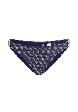 Navy bikini bottom with white logo pattern, features gold hardware accents. Smooth fabric, triangular shape, with a low-rise waistband.