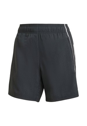 Shorts de sport noirs avec une taille élastique, deux bandes blanches sur les côtés et une texture légère et lisse.