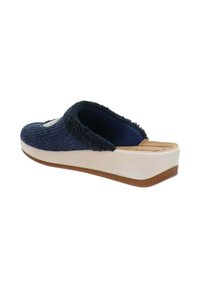Zoccoli blu navy senza lacci con una parte superiore texture e colletto soffice, dotati di una suola crema con grip testurizzato.